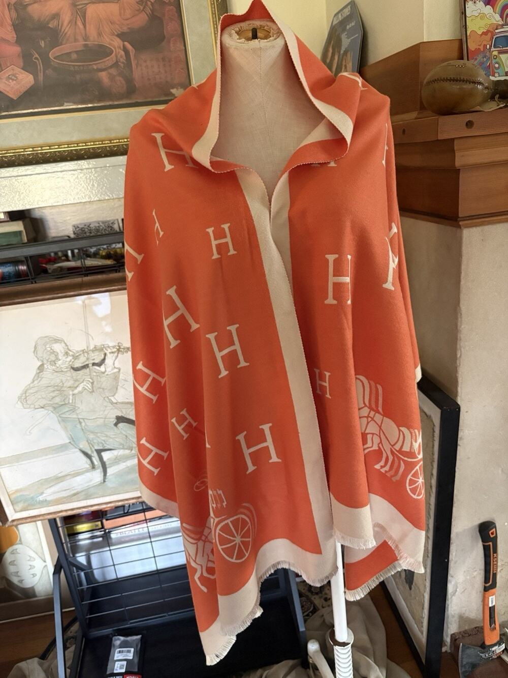 Oversized Cashmere Wrap Shawl Orange Ivory Equestrian Reversible Fringe Scarf